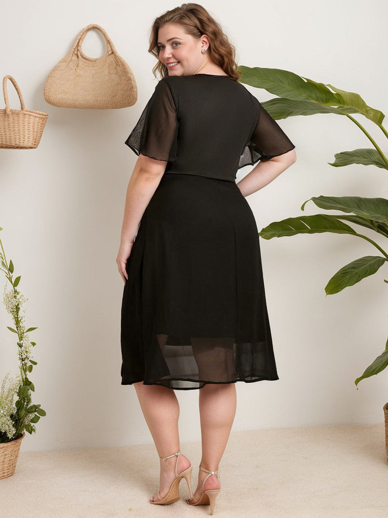 [Plus Size] Schwarzes 1950er Paillettengürtel-V-Ausschnitt-Kleid
