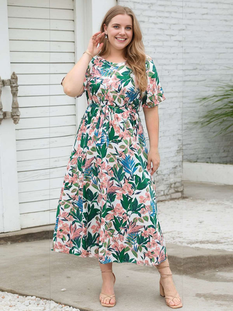 [Plus Size] 1930er Rosa Blume Grün Blätter Midikleid