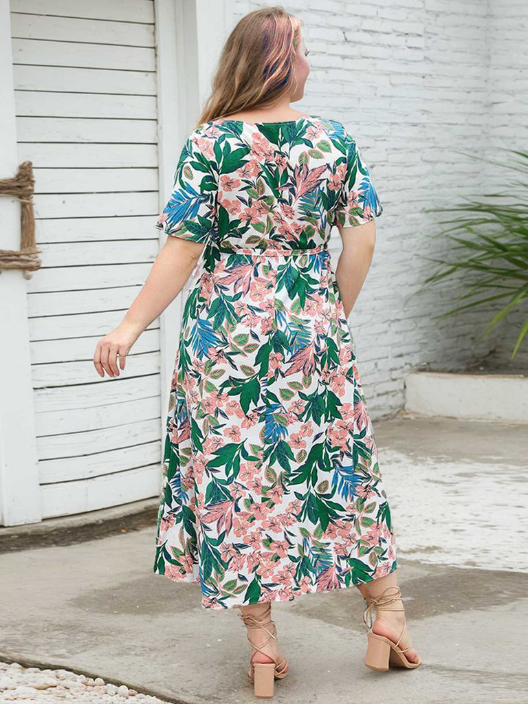 [Plus Size] 1930er Rosa Blume Grün Blätter Midikleid