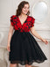 [Plus Size] Schwarzes 1950er Rotes Kleid mit Rüschenärmeln