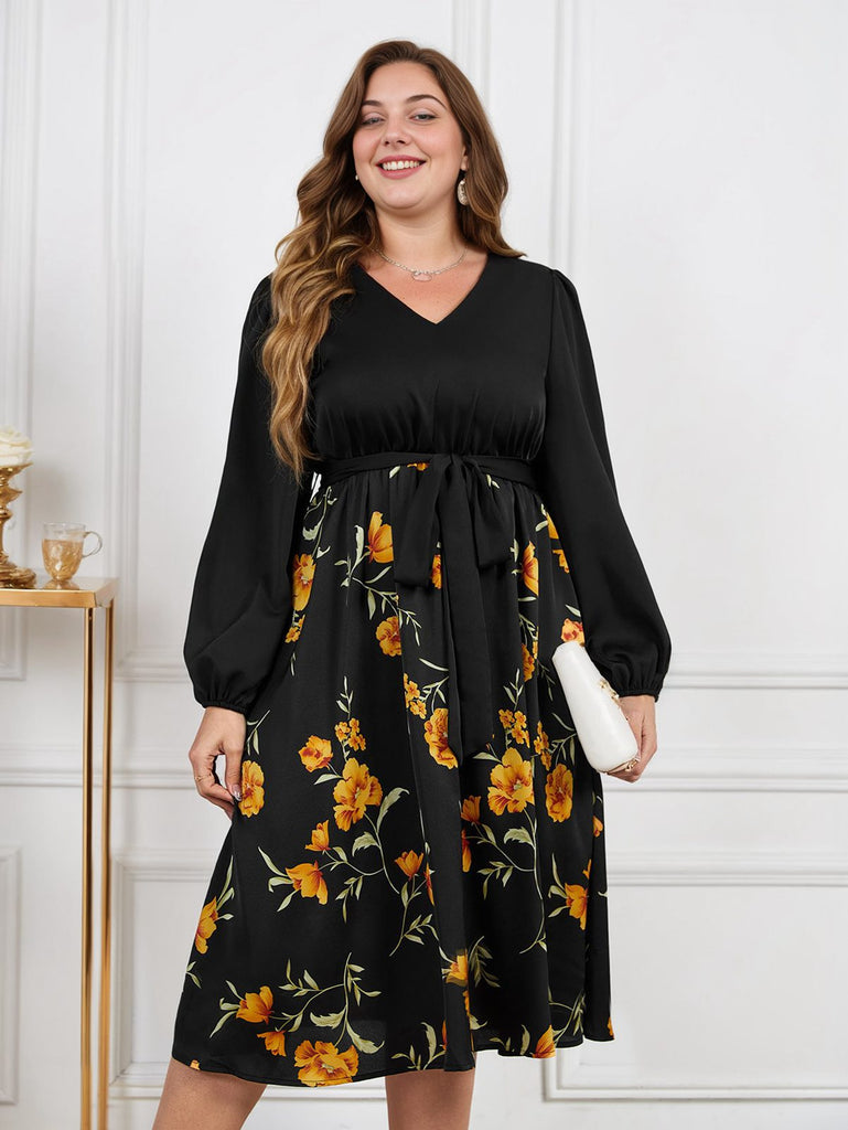 [Plus Size] Schwarzes 1950er Gelbes Florales Langärmeliges Kleid