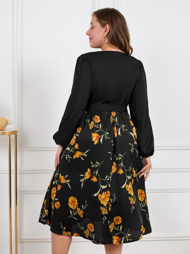 [Plus Size] Schwarzes 1950er Gelbes Florales Langärmeliges Kleid