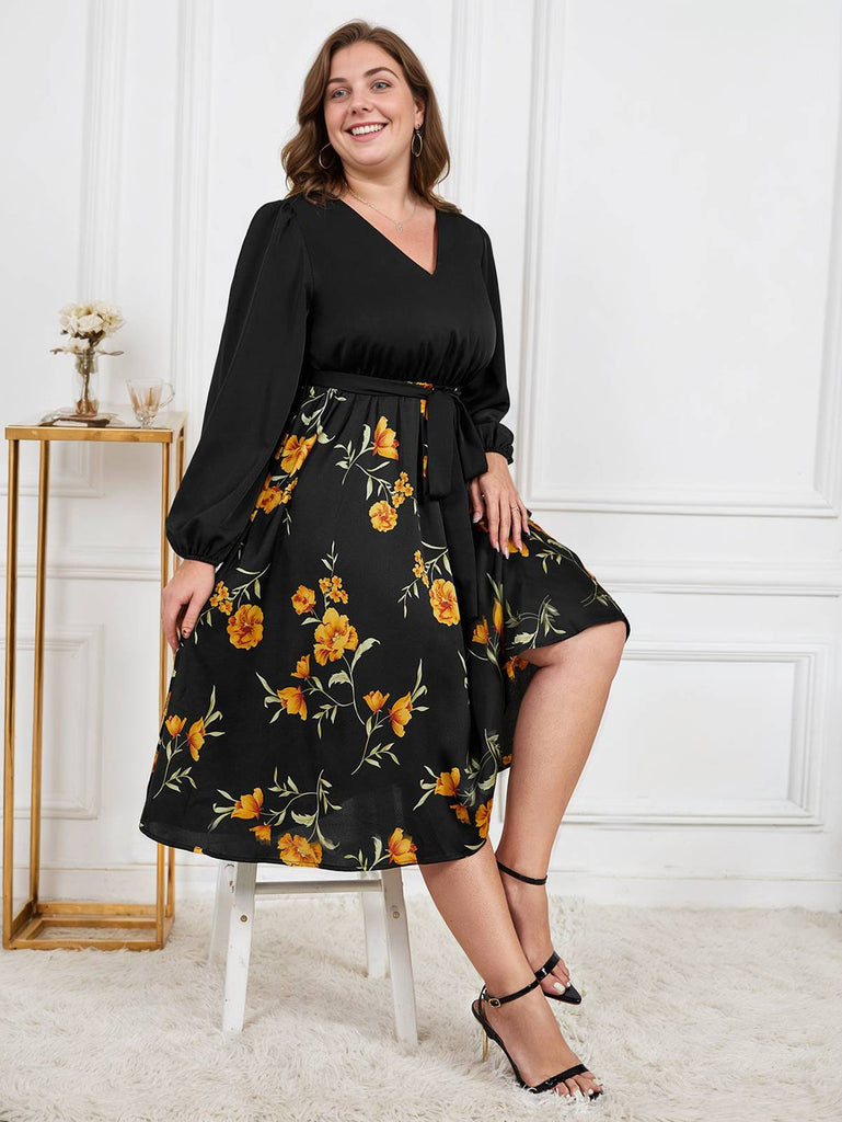 [Plus Size] Schwarzes 1950er Gelbes Florales Langärmeliges Kleid