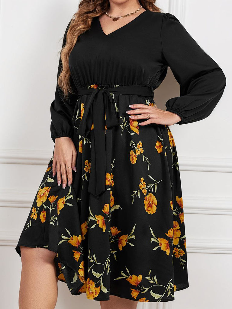 [Plus Size] Schwarzes 1950er Gelbes Florales Langärmeliges Kleid