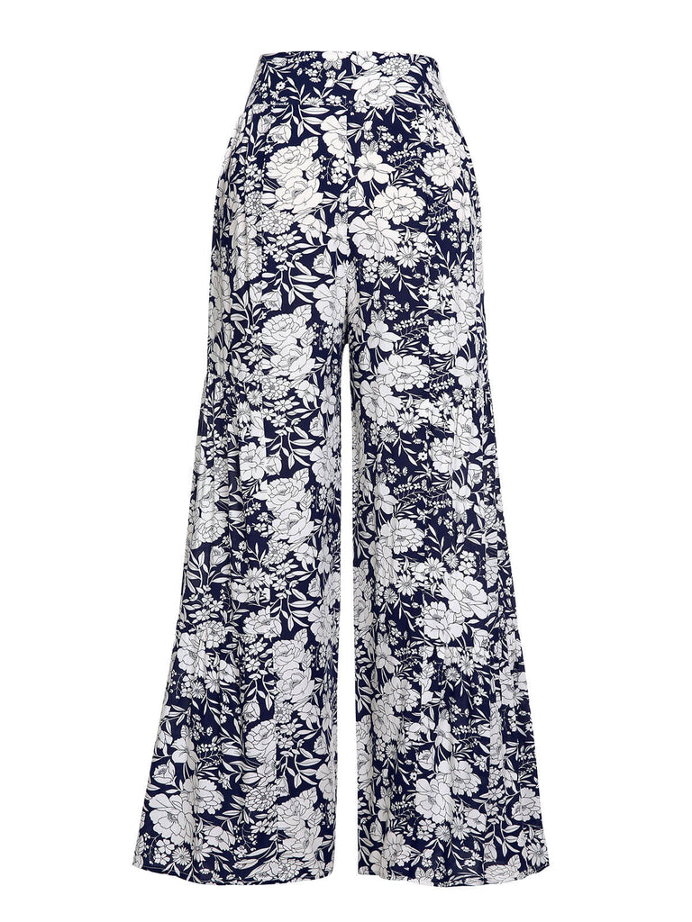 Marineblaue 1960er Blumen Hose mit weitem Bein