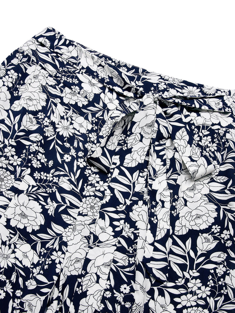 Marineblaue 1960er Blumen Hose mit weitem Bein