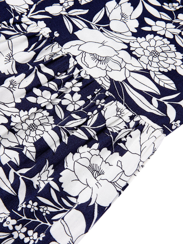 Marineblaue 1960er Blumen Hose mit weitem Bein