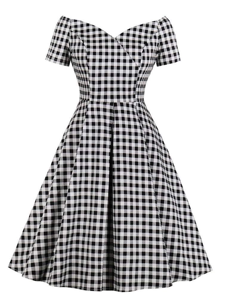 [Übergröße] Schwarz-weißes 1950er schulterfreies Gingham-Kariertes Kleid