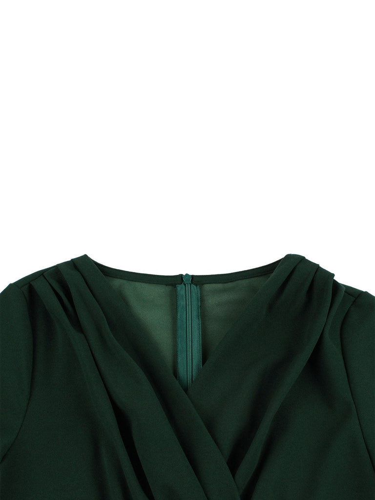 [Übergröße] Dunkelgrünes 1950er V-Ausschnitt Kleid mit festem Ausschnitt