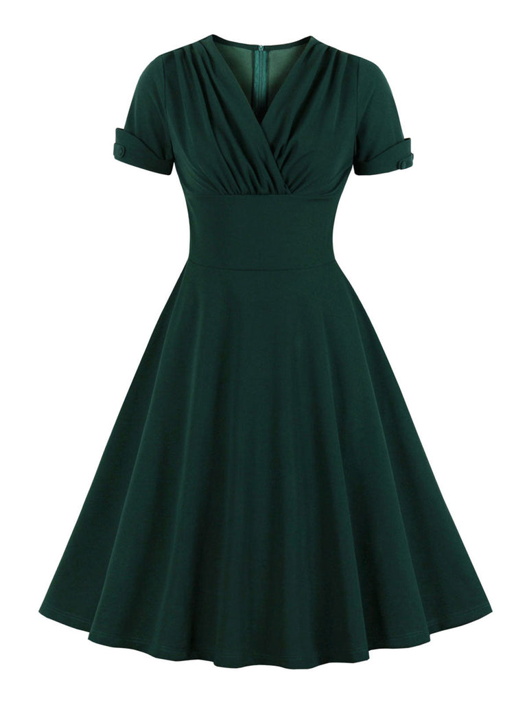 [Übergröße] Dunkelgrünes 1950er V-Ausschnitt Kleid mit festem Ausschnitt