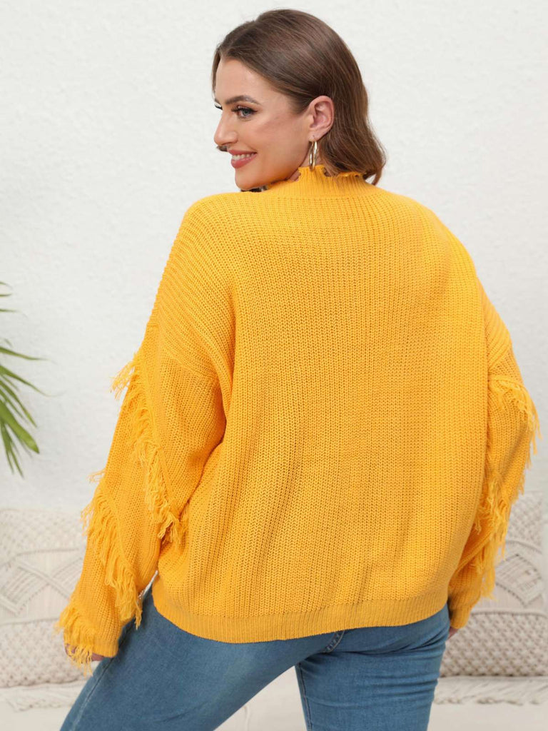 [Übergröße] Gelber 1960er V-Ausschnitt mit Quaste Lockerer Pullover