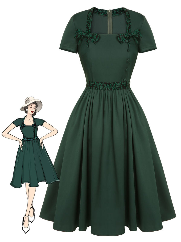 Grünes 1950er Solid Bow Square Collar Kleid