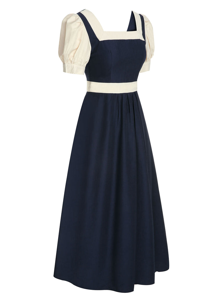 Marineblaues 1950er Kleid mit quadratischem Ausschnitt und Bubble Sleeve