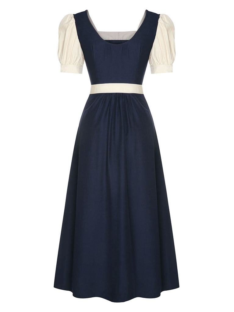 Marineblaues 1950er Kleid mit quadratischem Ausschnitt und Bubble Sleeve