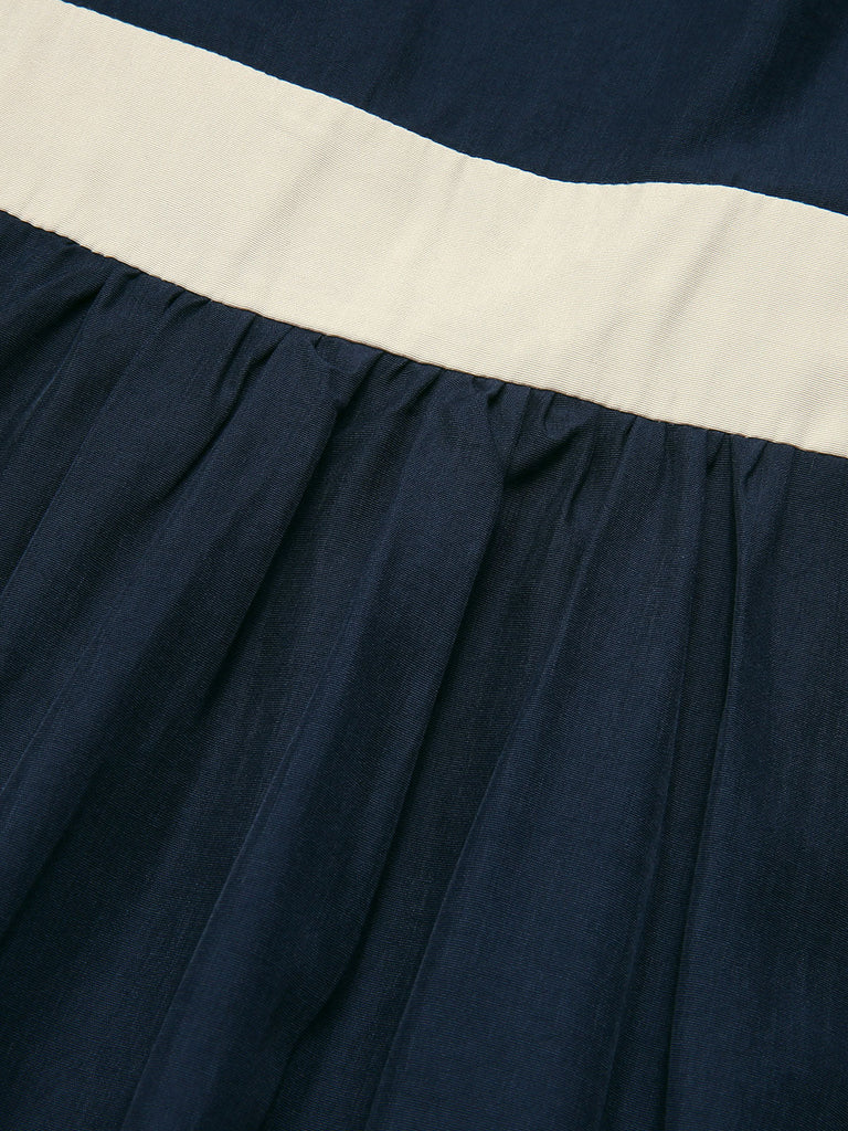 Marineblaues 1950er Kleid mit quadratischem Ausschnitt und Bubble Sleeve