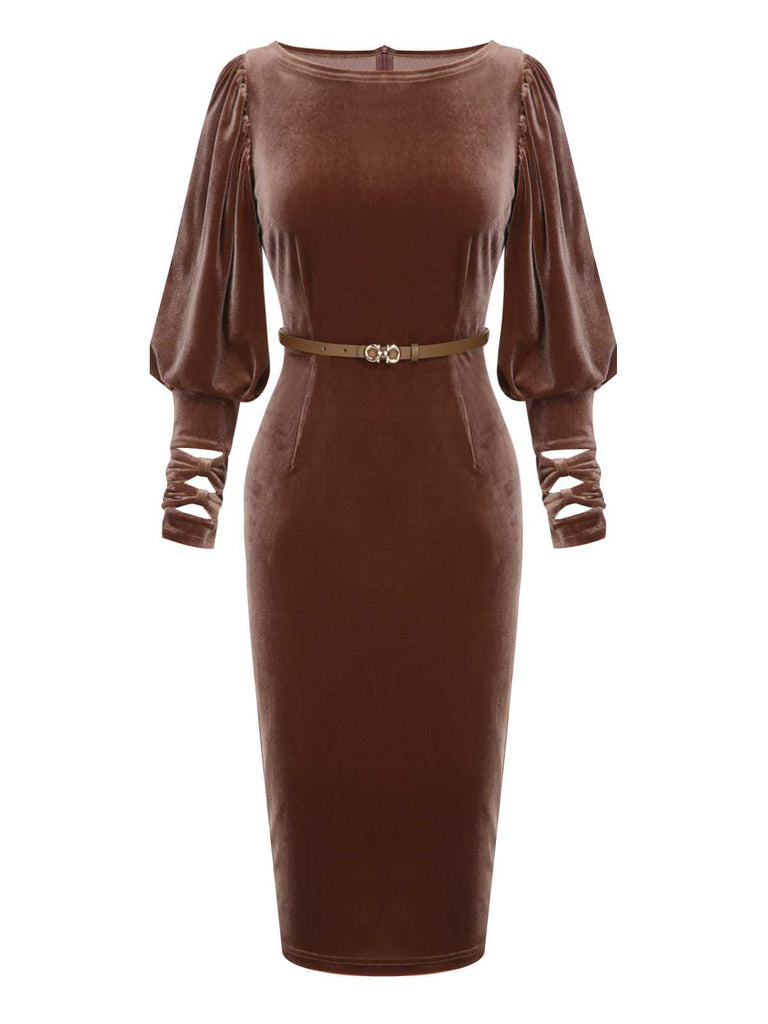 Dunkelbraun 1960er Puffärmeliges Samtkleid Mit Gürtel Kleid