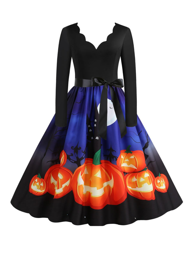 1950er Halloween Kürbis Nacht V-Ausschnitt Kleid