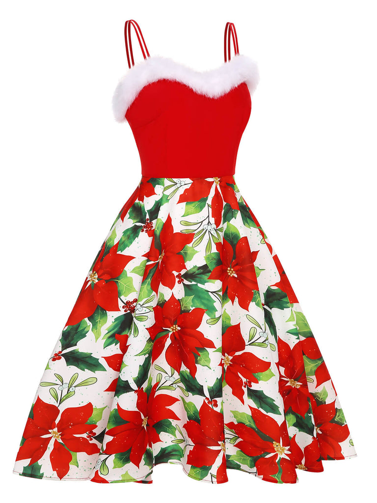 [Vorverkauf] Rotes 1950er Weihnachtsblumenkleid mit Zottelmuster