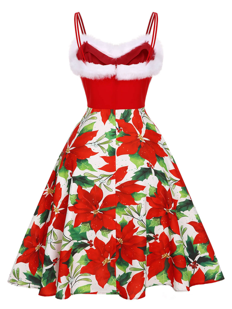 [Vorverkauf] Rotes 1950er Weihnachtsblumenkleid mit Zottelmuster