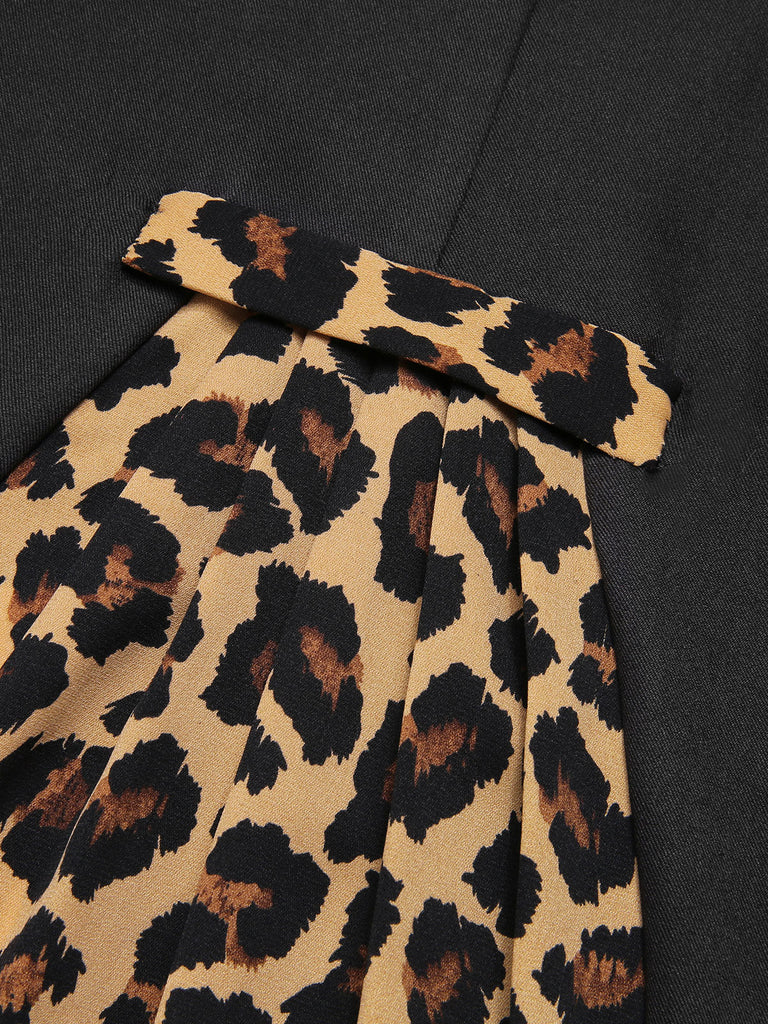 Schwarz 1960er Rohsaum Leopard Asymmetrisches Wickelkleid