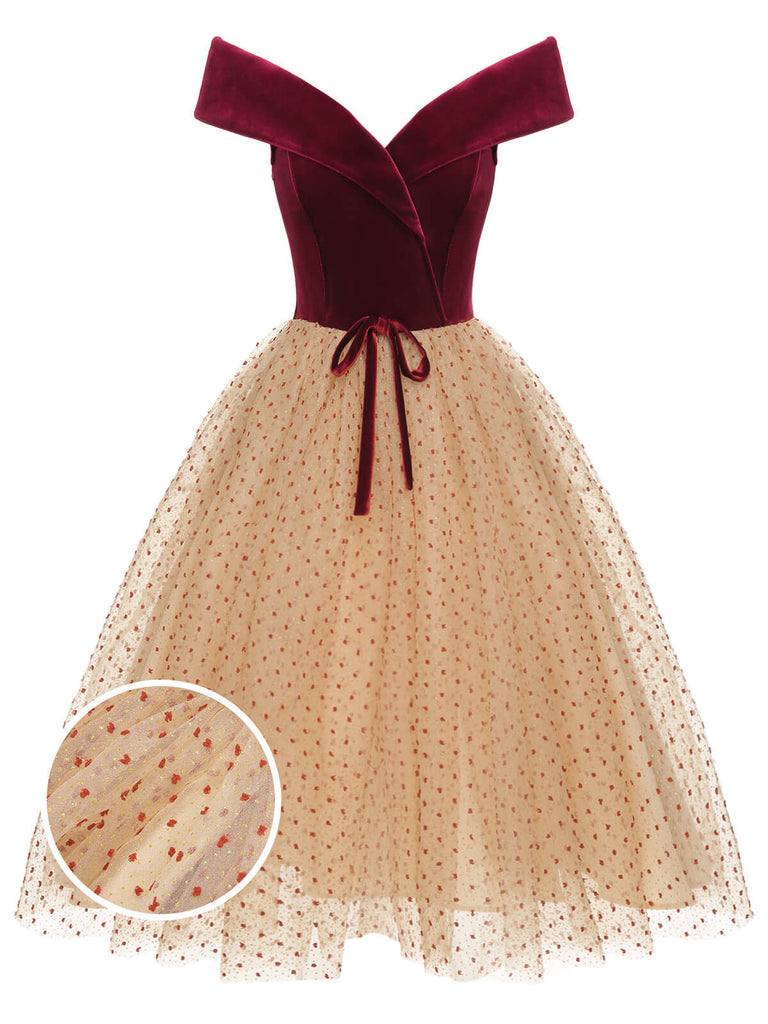 Burgunderfarbenes 1950er Kleid aus Samt und Mesh mit Tupfen