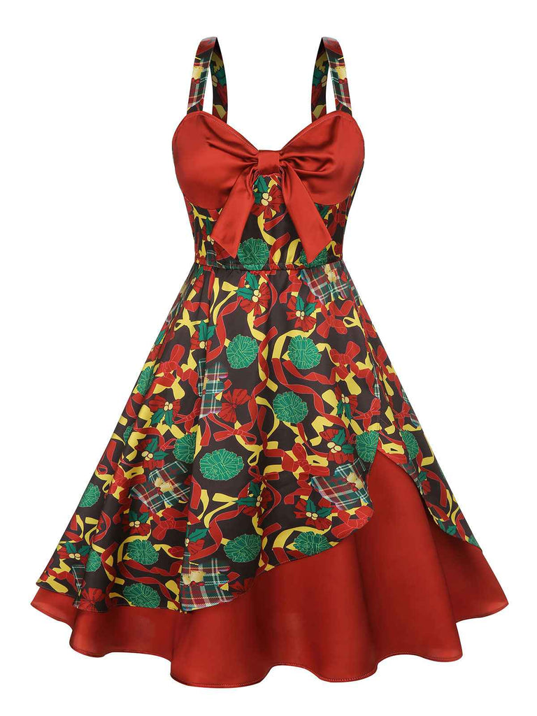 [Vorverkauf] Rotes 1950er Weihnachts Schleifen Dekor Trägerkleid