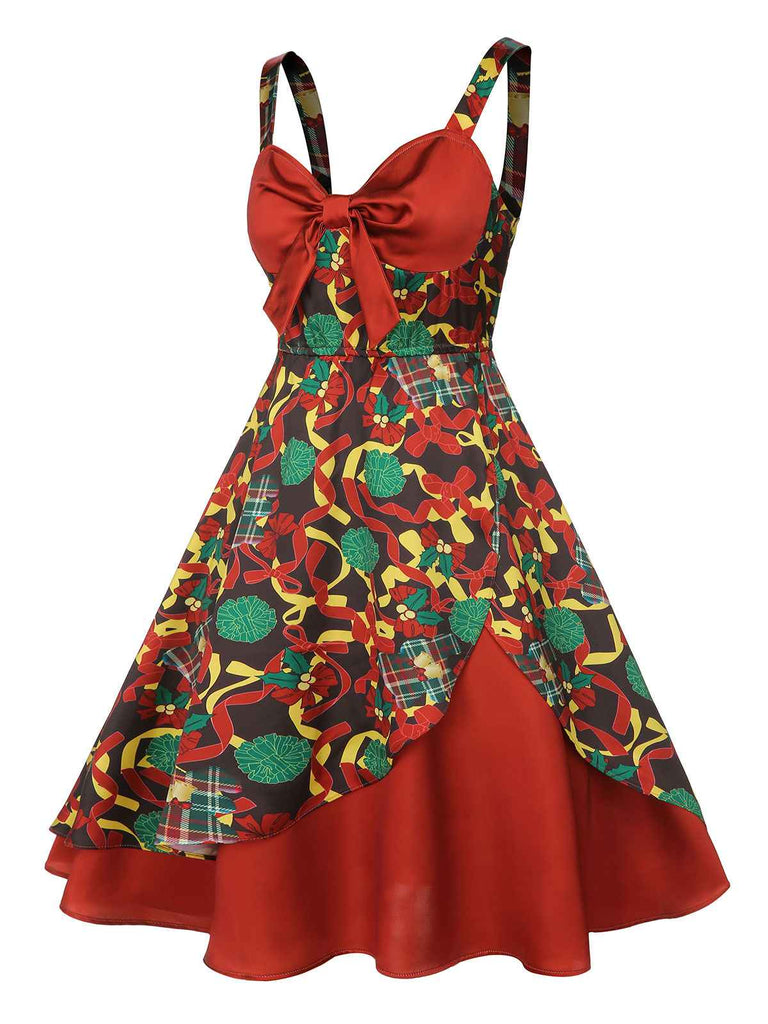 [Vorverkauf] Rotes 1950er Weihnachts Schleifen Dekor Trägerkleid