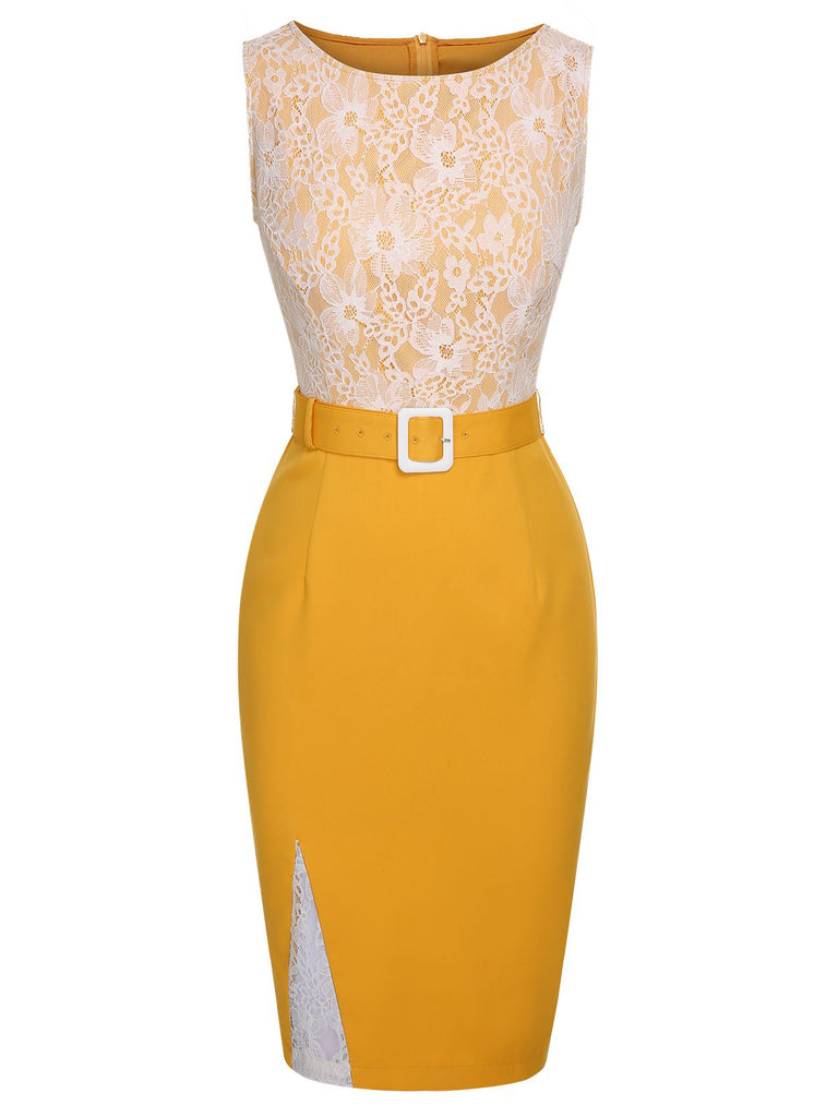 Gelbes 1960er Kleid mit Patchworkgürtel aus Spitze