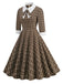Braun 1950er Revers Schleife Dekor Plaids Kleid