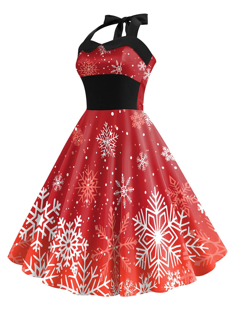 Rotes 1950er Weihnachts Schneeflocken Trägerkleid