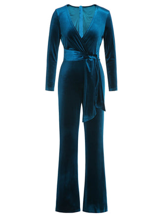 1930er Solider V-Ausschnitt Taille Krawatte Samt Jumpsuit