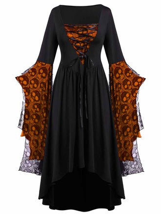 Orange 1950er Halloween Gothic Vampir Spitze Patchwork Hexenkleid