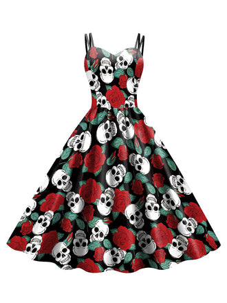 1950er Halloween Schädel Rose Träger Kleid