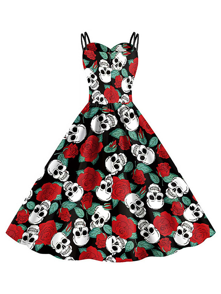 1950er Halloween Totenkopf Rose Trägerkleid