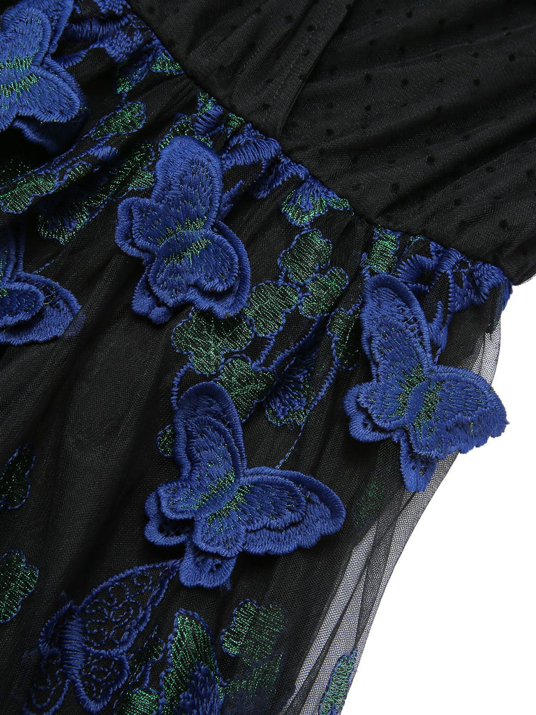 Schwarzes 1950er V-Ausschnitt 3D Schmetterling Mesh Kleid