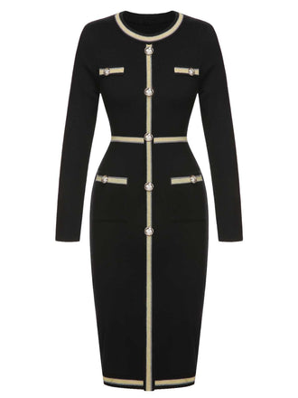 Schwarz 1960er Gestricktes Knöpfen Patchwork Kleid