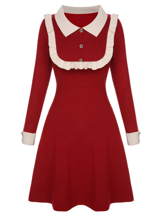 Rotes 1940er Weihnachten Rüschen Farbe Block Strickkleid