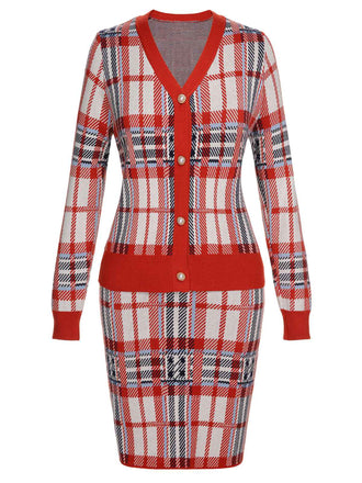 2PCS Rot 1960er Weihnachten Plaids gestrickt Cardigan & Rock