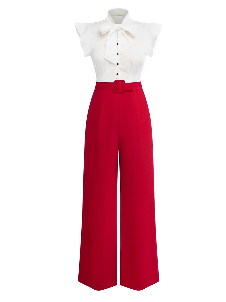 [Vorverkauf] 2PCS 1930er Weiß Schleifenkragen Bluse & Rot Hose