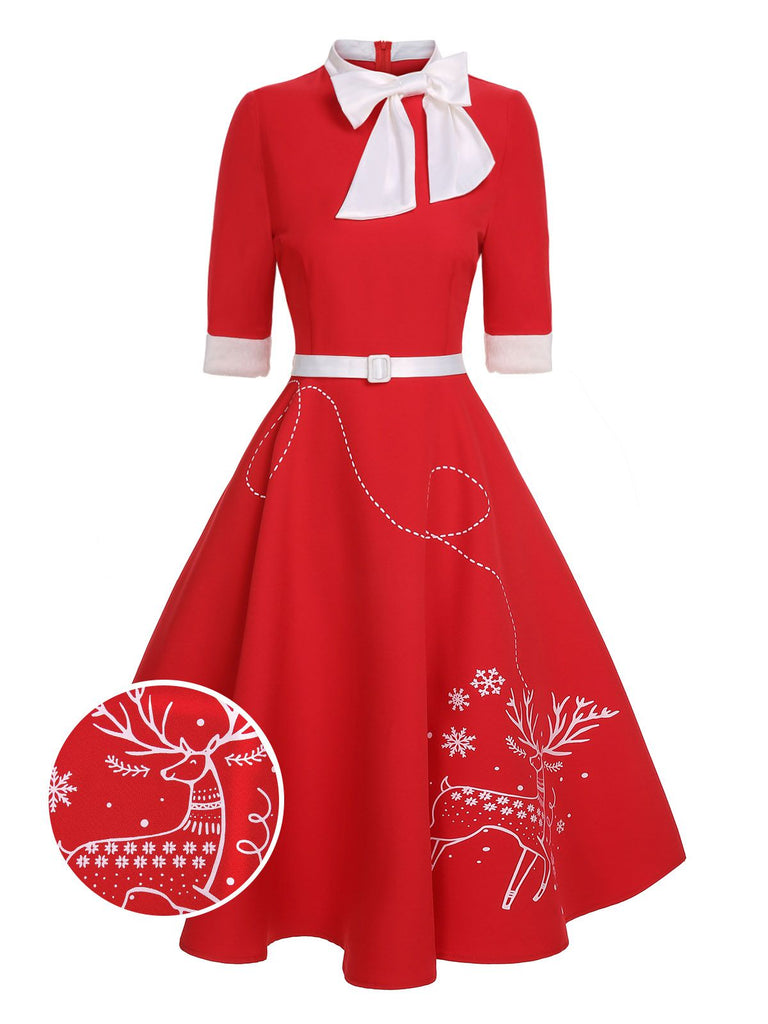 Rotes 1950er Elch Schleife Patchwork Gürtel Kleid