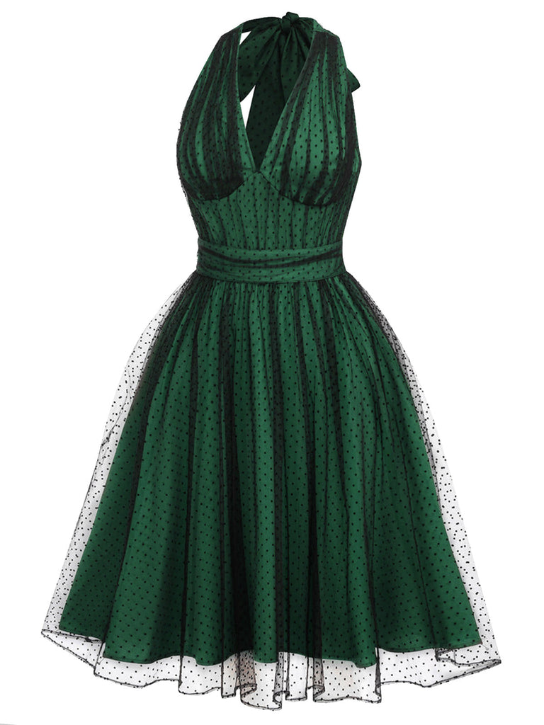 Dunkelrot 1950er Tupfen Netz Swing Kleid