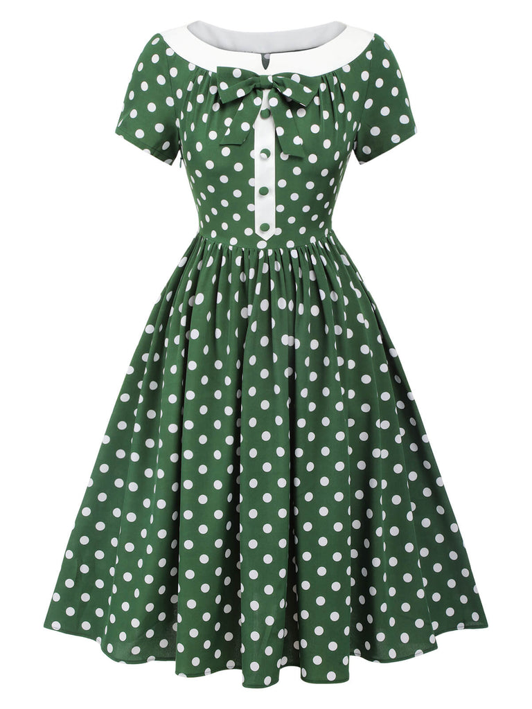 Grün 1940er Polka Dot Schleifenknoten Patchwork Kleid