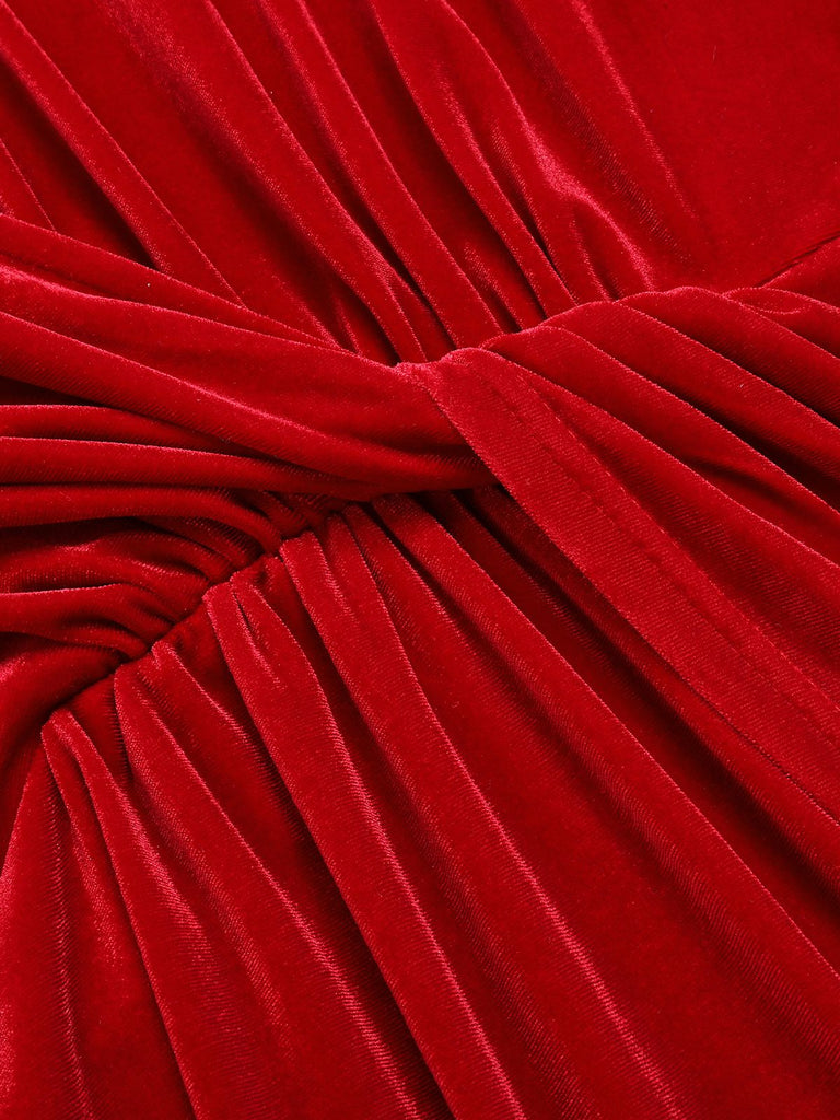 Rot 1960er V-Ausschnitt Samt Plissee Wickel Kleid
