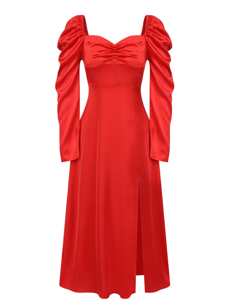 Rot 1940er Solides Sweetheart Kragen Plissiertes Kleid