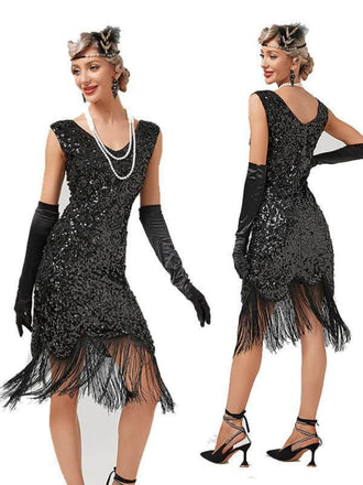 1920er V-Ausschnitt Pailletten Quasten Gatsby Kleid