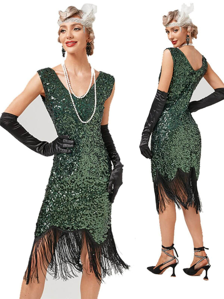 1920er V-Ausschnitt Pailletten Quasten Gatsby Kleid