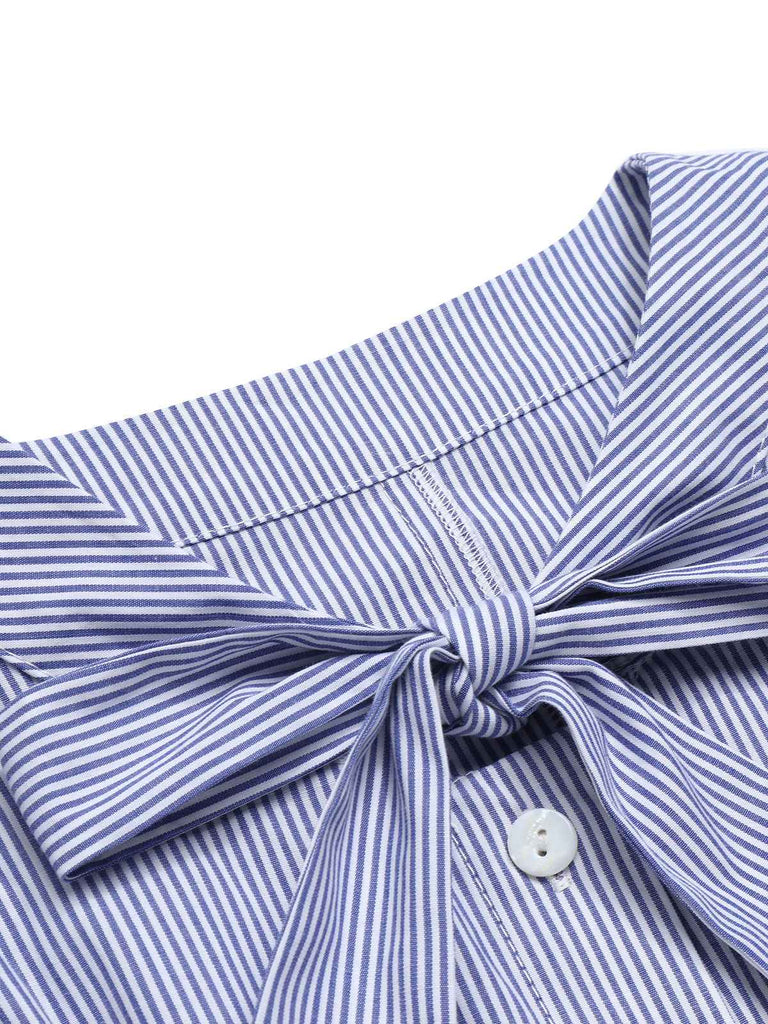 Blau 1950er Gestreiftem Krawattenausschnitt Bluse