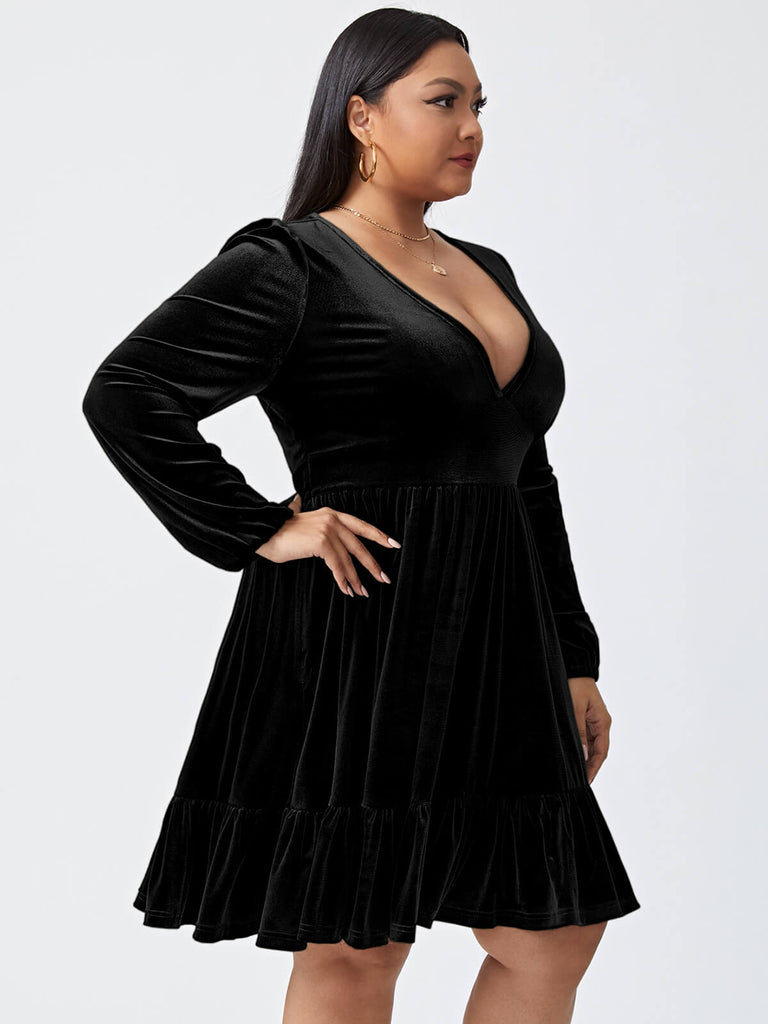 [Übergröße] 1950er V-Ausschnitt Samt Eingezogener Taille Kleid