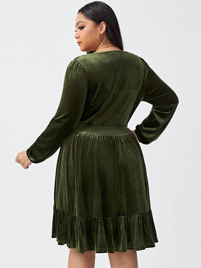 [Übergröße] 1950er V-Ausschnitt Samt Eingezogener Taille Kleid