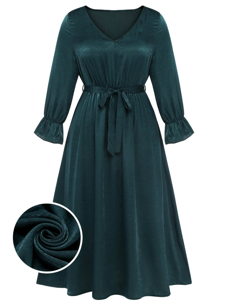 [Übergröße] Grün 1940er V-Ausschnitt Taillenband Kleid